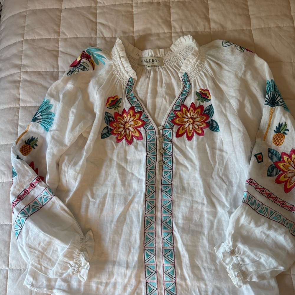 Hale Bob White Blouse with Colorful Embroidery